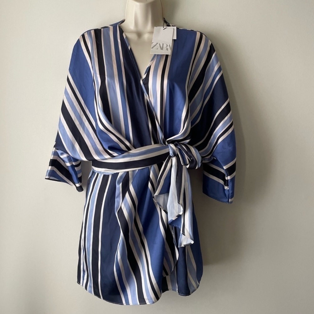 Zara Blue White Striped Wrap Lined Romper Size Small - Picture 6 of 16